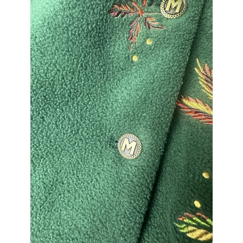 Bob Mackie Embroidered Fleece Jacket Green Button Front Fall Leaves Women’s XL